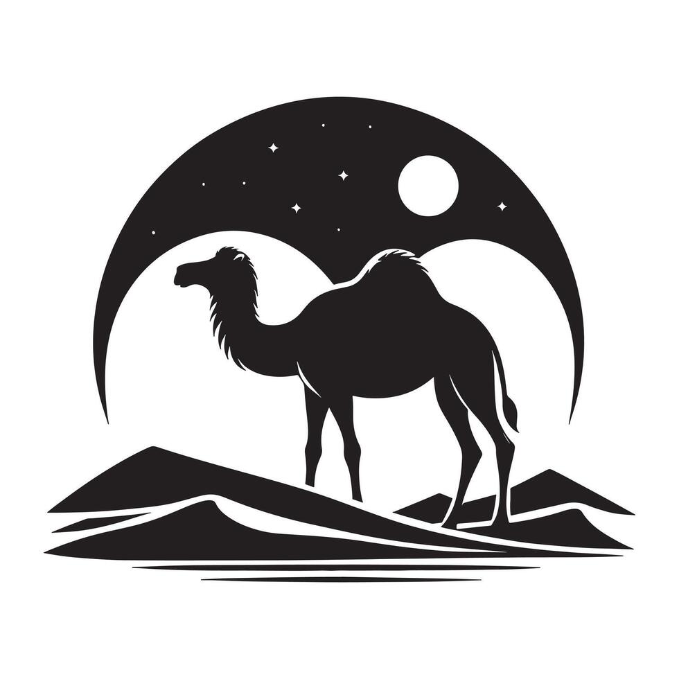 Black Silhouette of a Camel in Desert on White vector