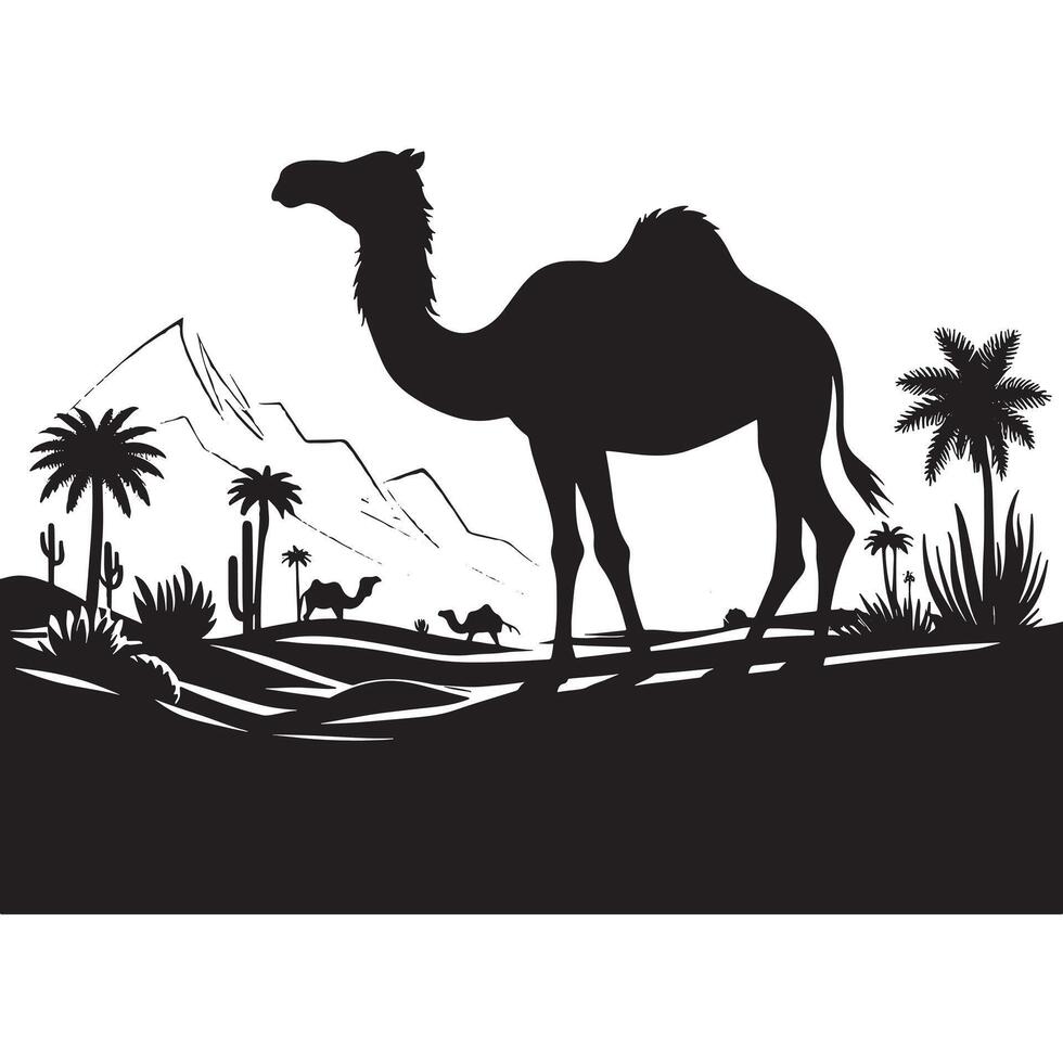 Artistic Black Silhouette of a Camel in Desert vector