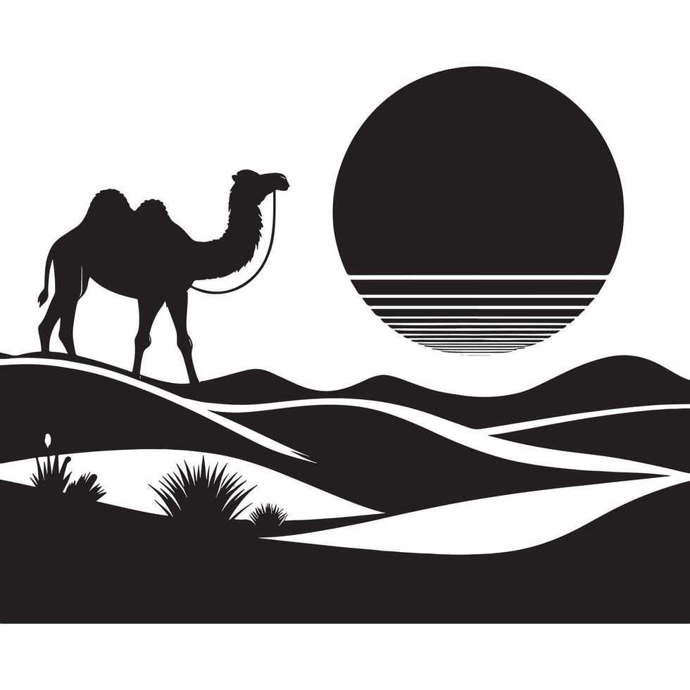 Flat Black Silhouette of a Camel in a Desert on White vector