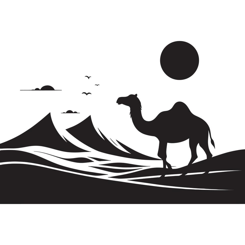 Minimalist Camel in Desert Black Silhouette on White Background vector