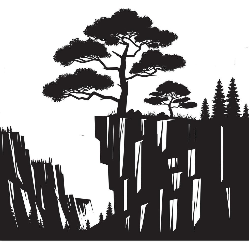 Minimalist Silhouette of a Cliffside Tree on White vector