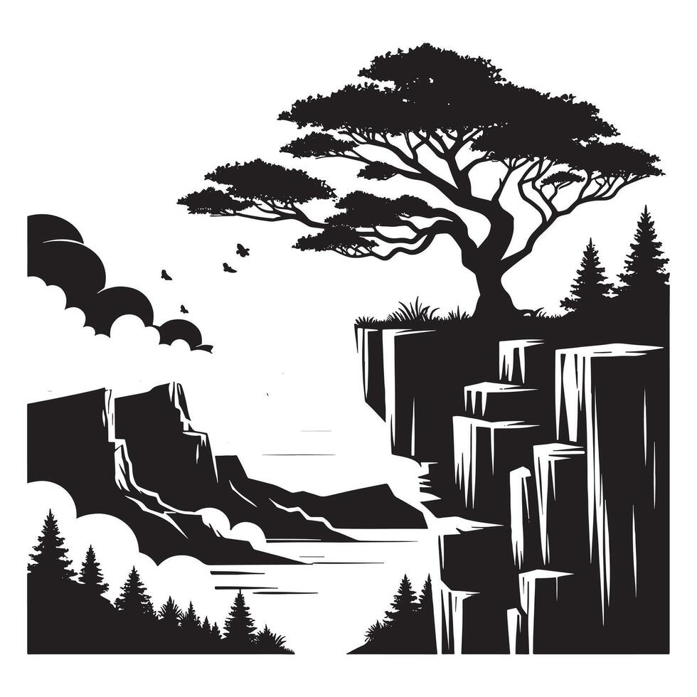 Black Silhouette of a Tree on a Cliffside vector