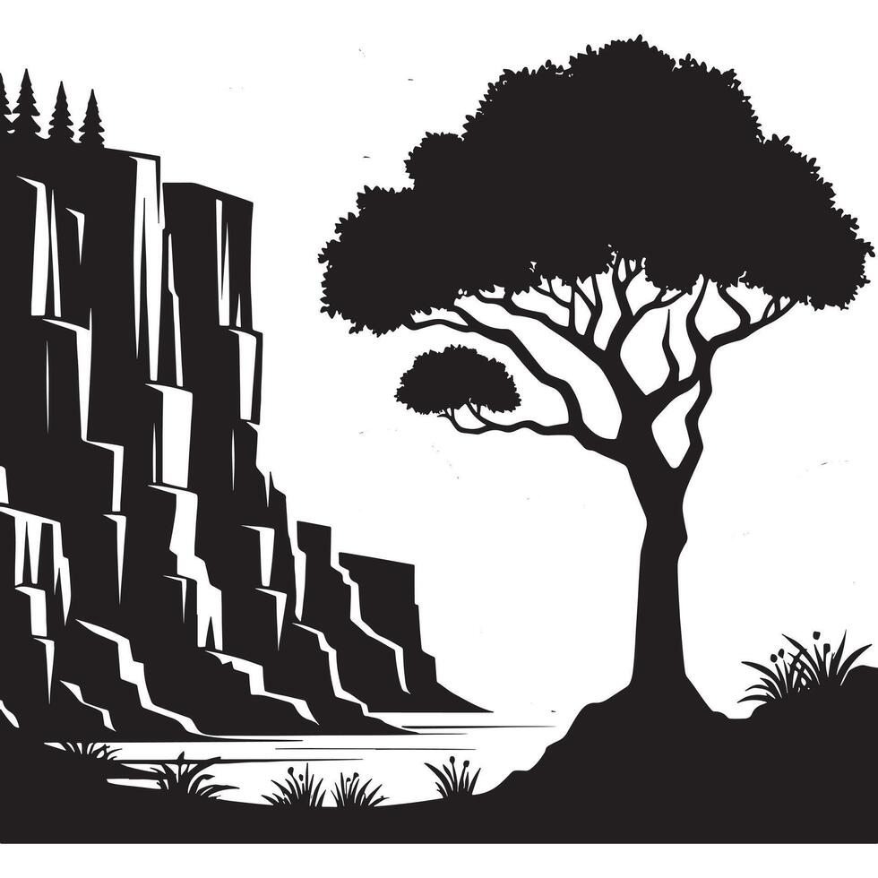 Flat Black Silhouette of Cliffside Tree on White Background vector
