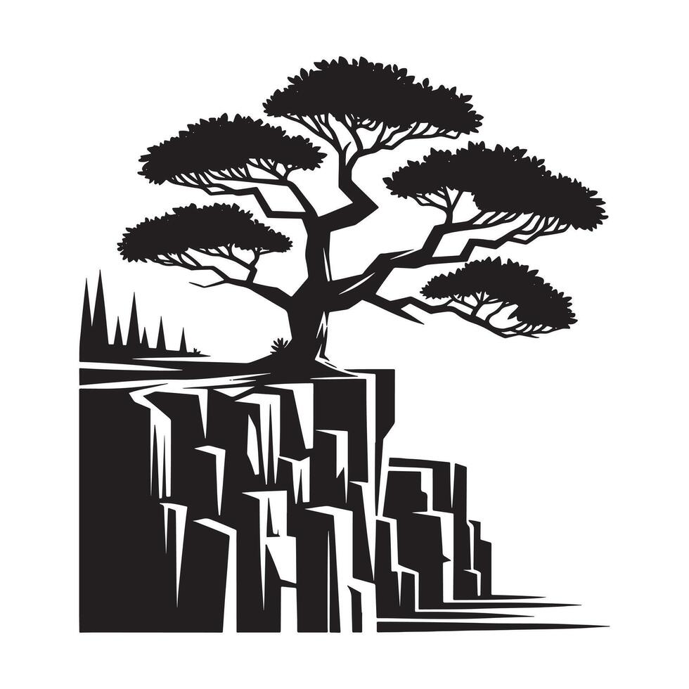 Flat Black Silhouette of a Lone Cliffside Tree vector