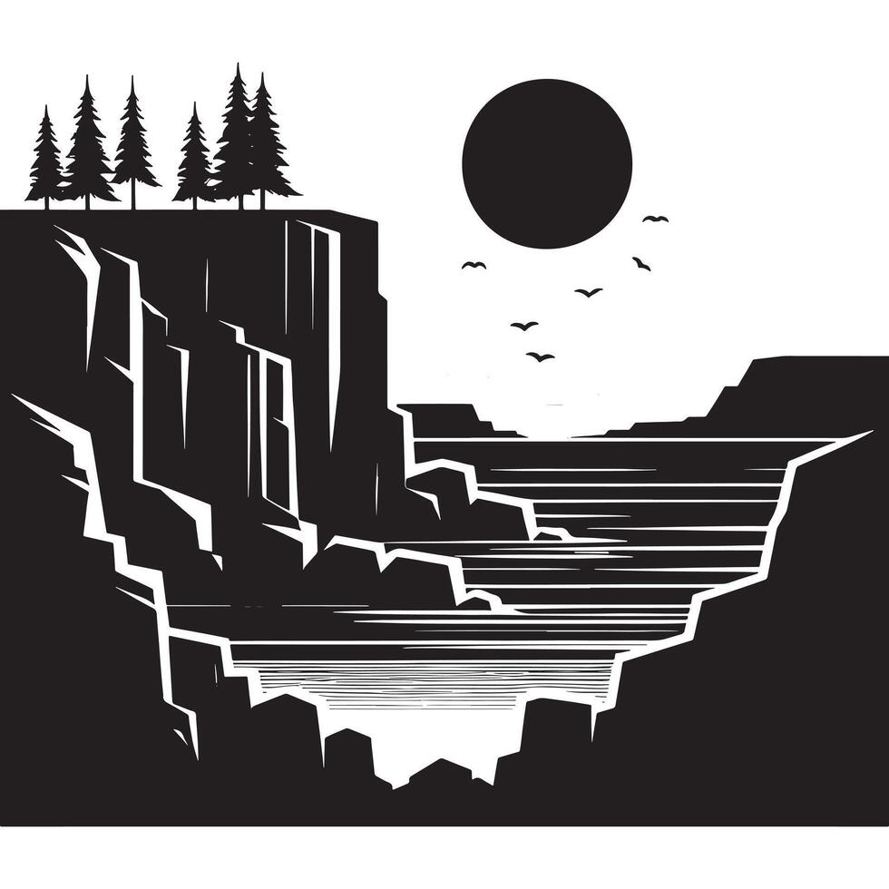 Artistic Black Silhouette of Cliffside Tree on White Background vector