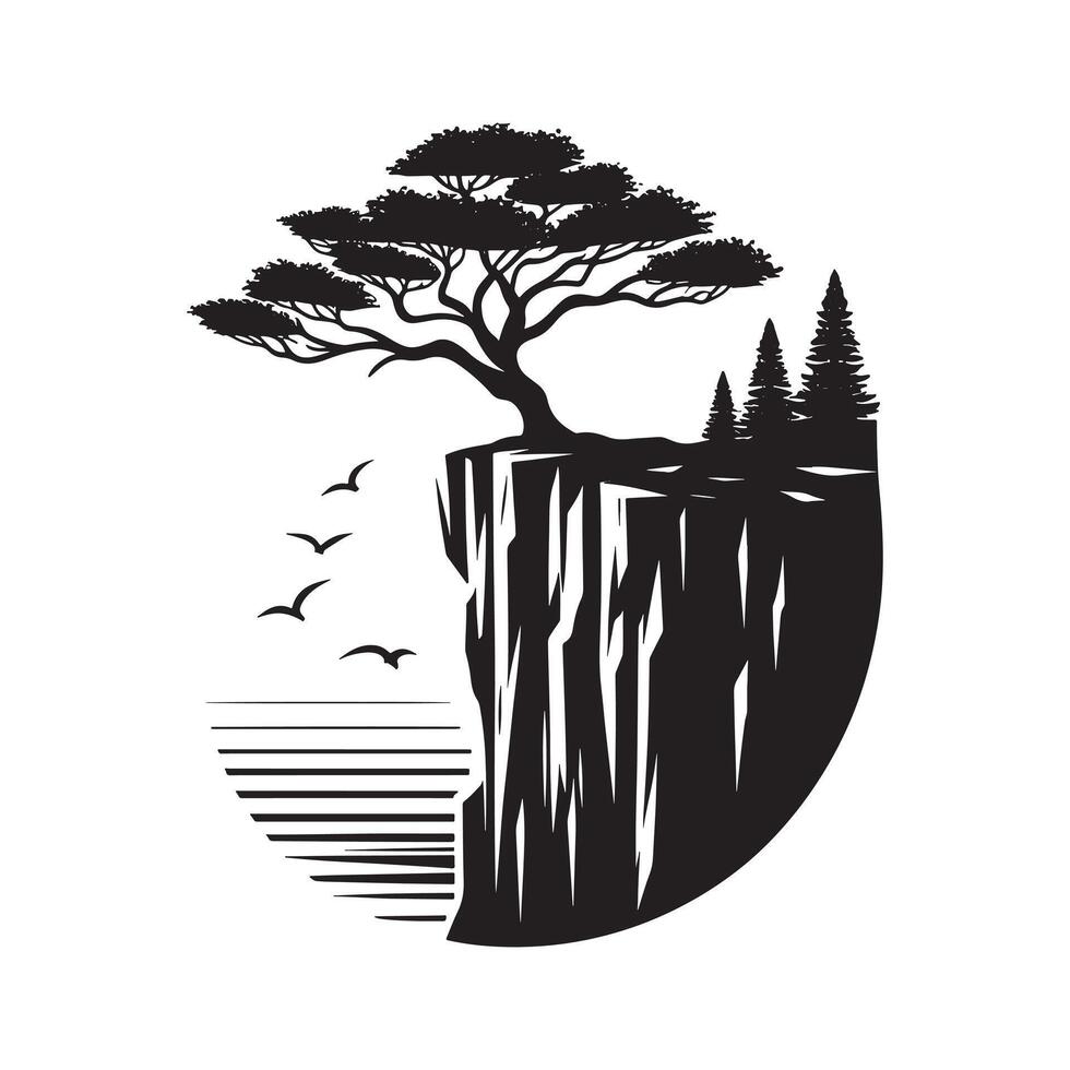 Minimalist Cliffside Tree Black Silhouette on White vector