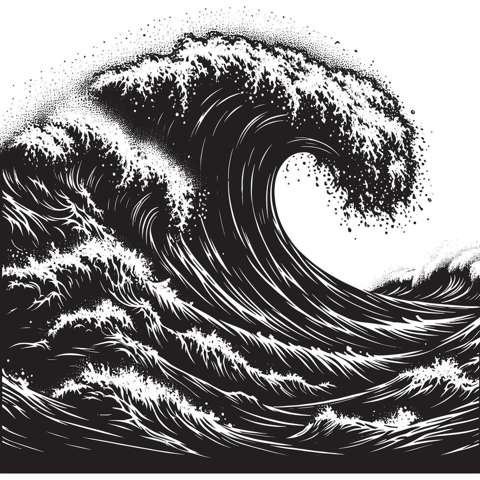 Flat Minimalist Black Silhouette of a Crashing Wave on White vector