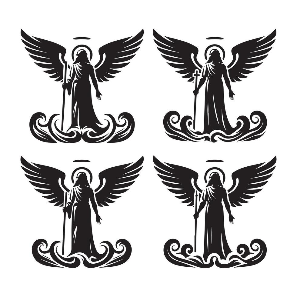 Artistic Black Silhouette Angel Icon Set on White Background vector