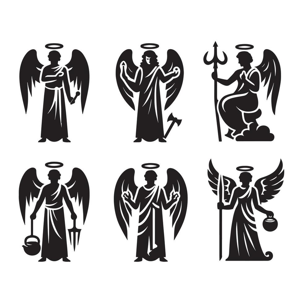 Angel Set Icon Black Silhouette on White Background vector