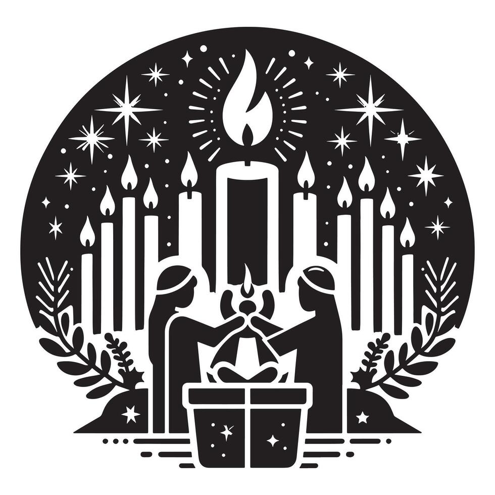 Flat Candlelight Services Silhouettes for Christmas in Black on White Background vector