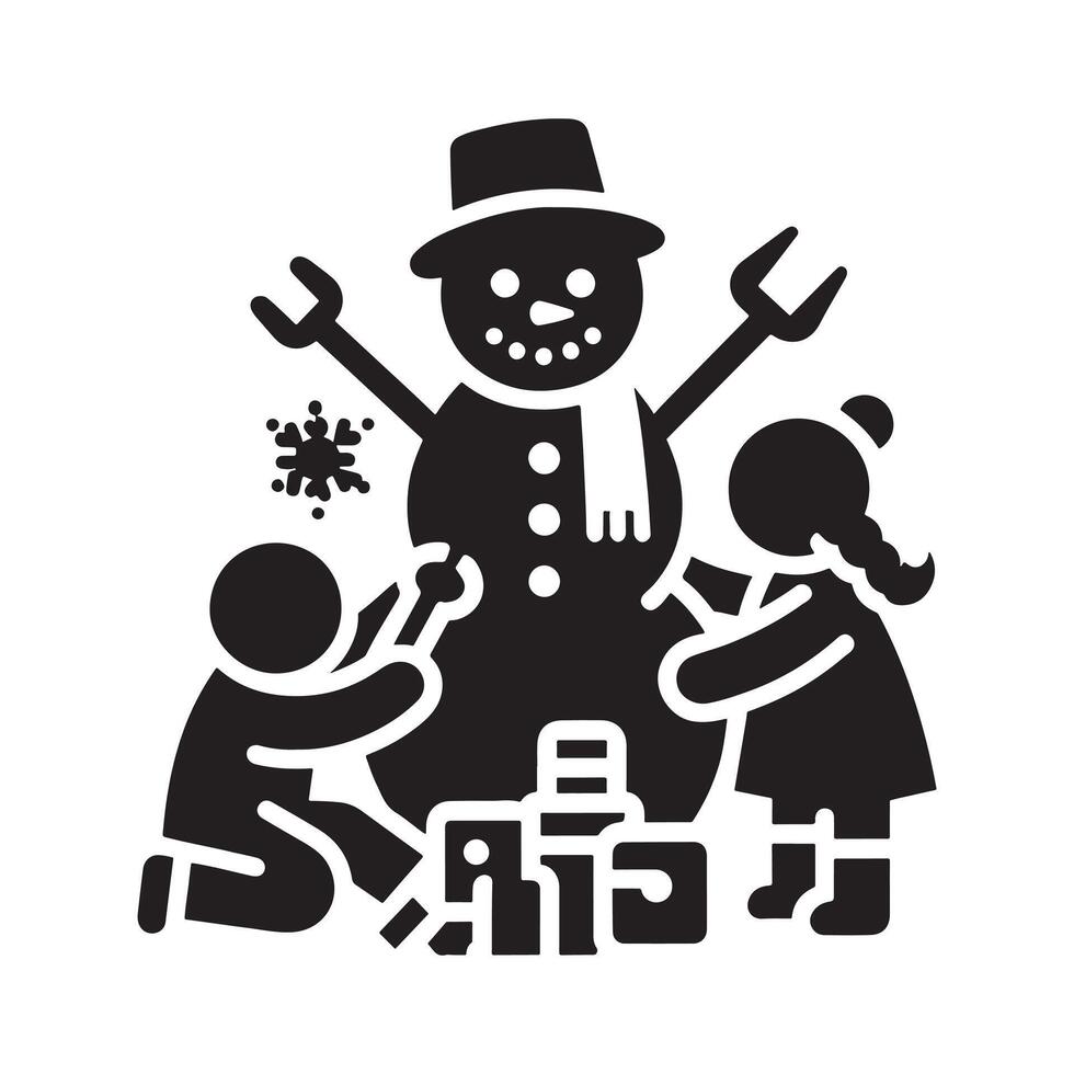 Stylized Children Building Snowmen Icon Black Silhouette on White vector