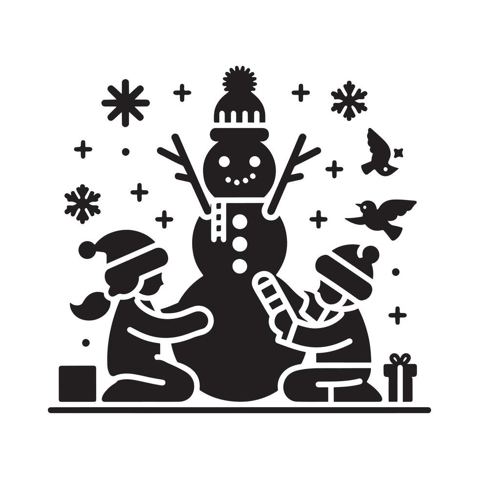 Artistic Icon of Children Building Snowmen Black Silhouette on White vector