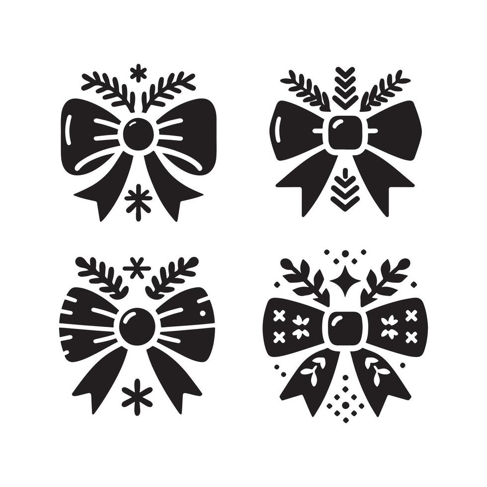 Christmas Bow Four Set Icon Black Silhouette on White Background vector