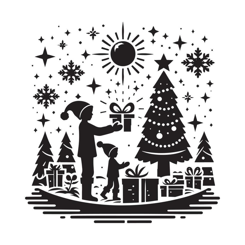 Joyful Gift Exchange Scene Silhouette on White vector