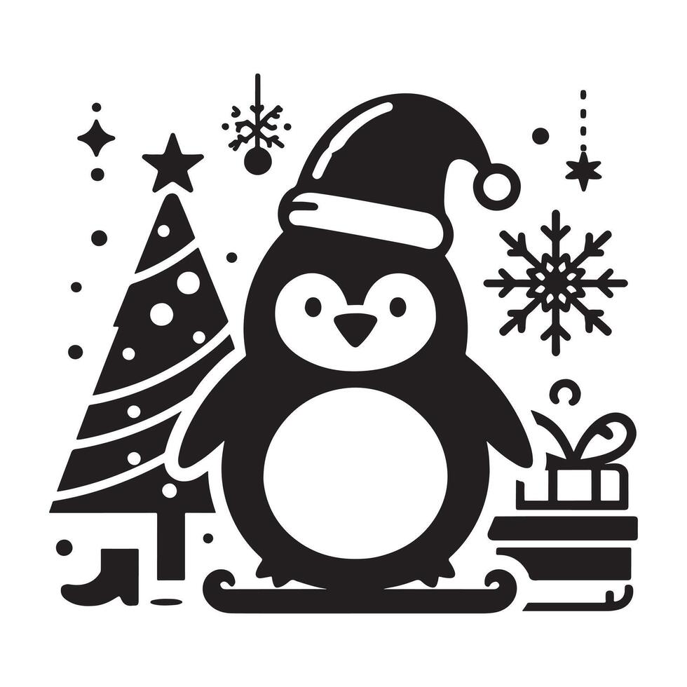Festive Penguin Silhouette Icon in Black on White vector