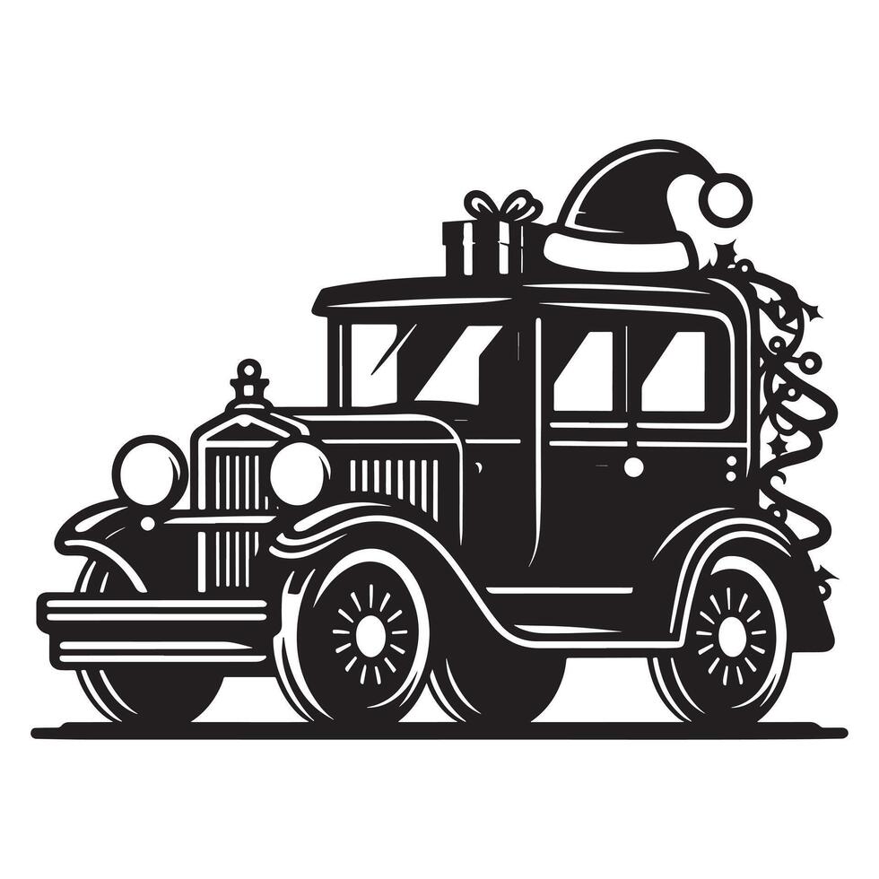Christmas Vintage Car Silhouette on White Background vector