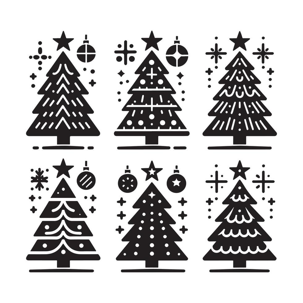 Abstract Six-Tree Christmas Icon Set in Silhouette vector