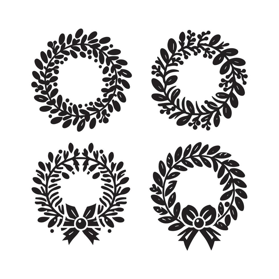 Set of Four Christmas Wreath Icons in Black Silhouette vector