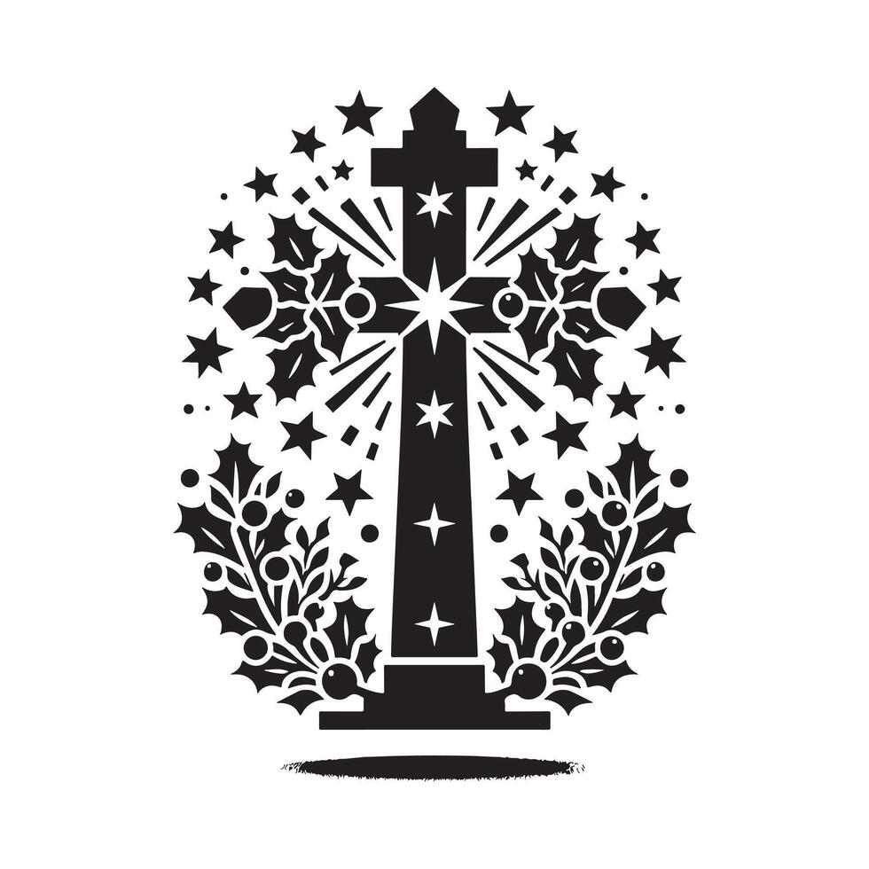 Artistic Cross with Holly and Star Silhouette for Christmas vector