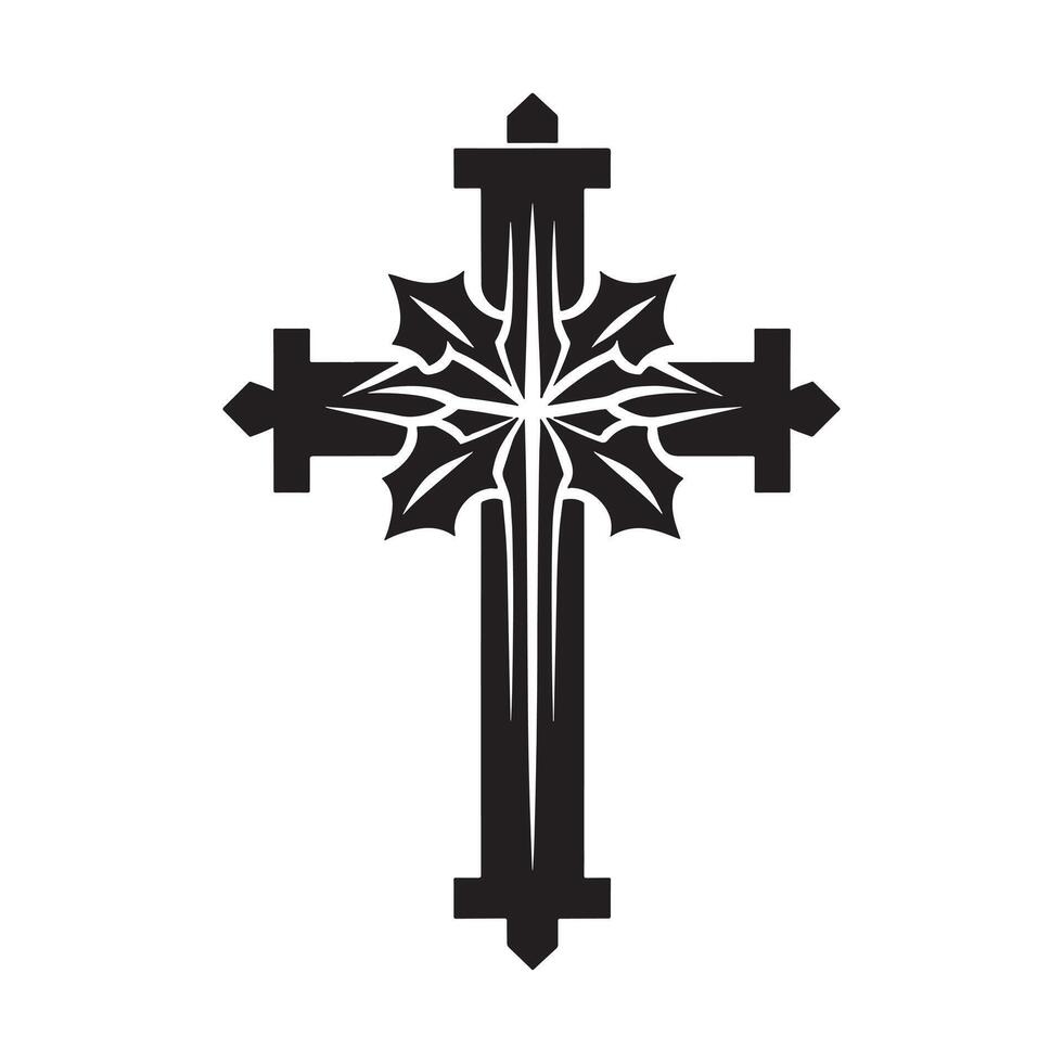 Black Christmas Cross Silhouette with Holly and Star vector
