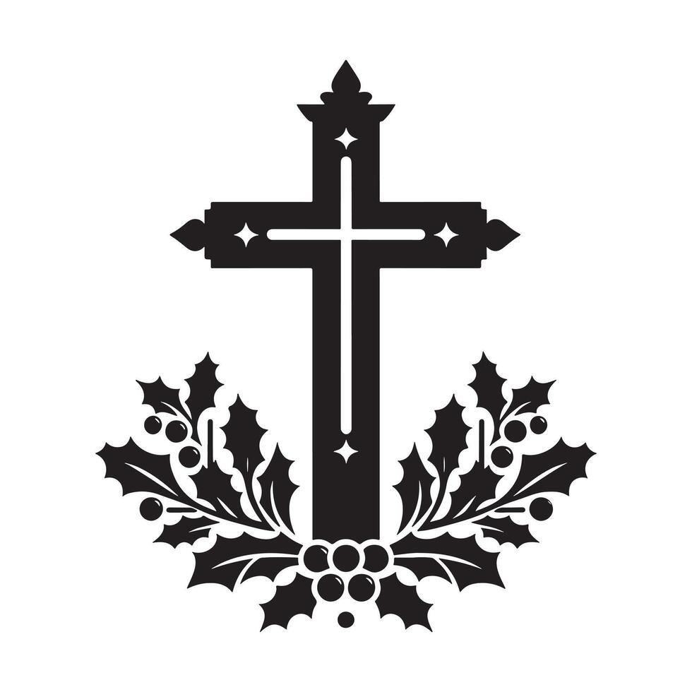 Decorative Christmas Cross Silhouette with Holly and Star vector