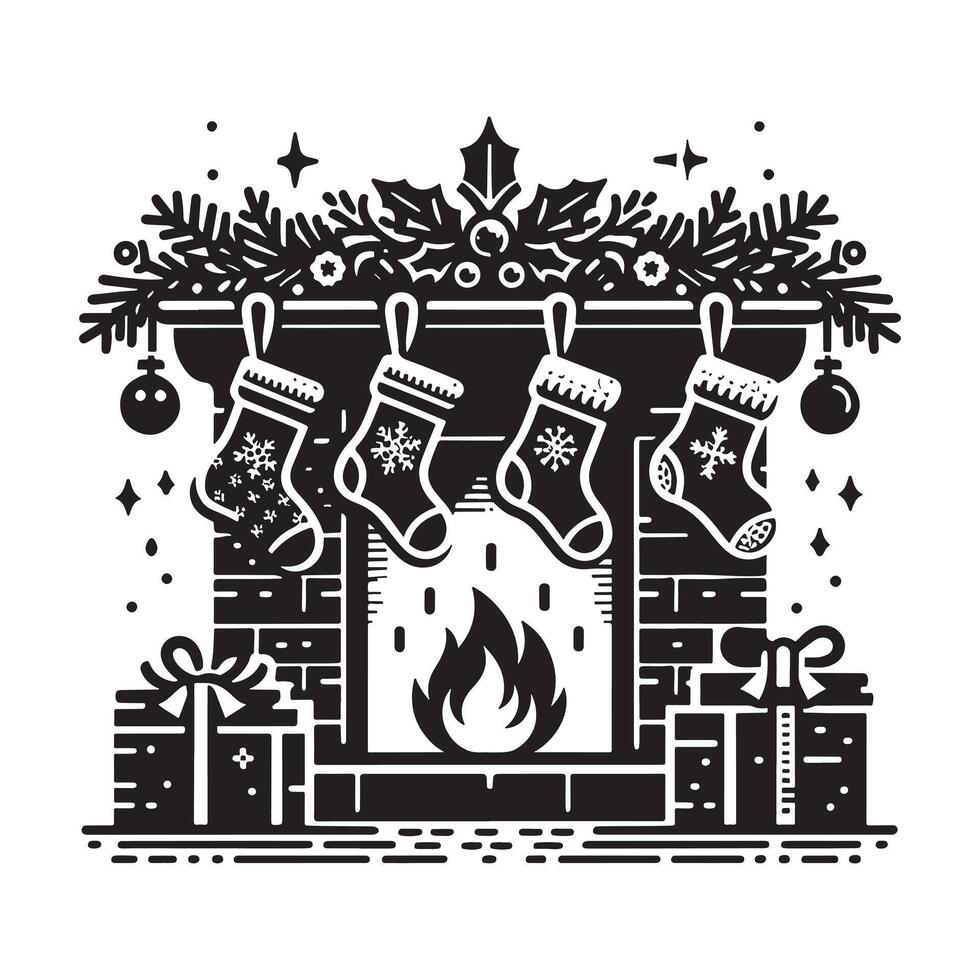 Christmas Stockings by Fireplace Silhouette vector