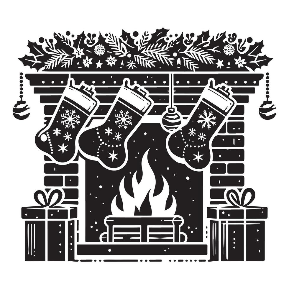 Stockings by Fireplace Silhouette vector