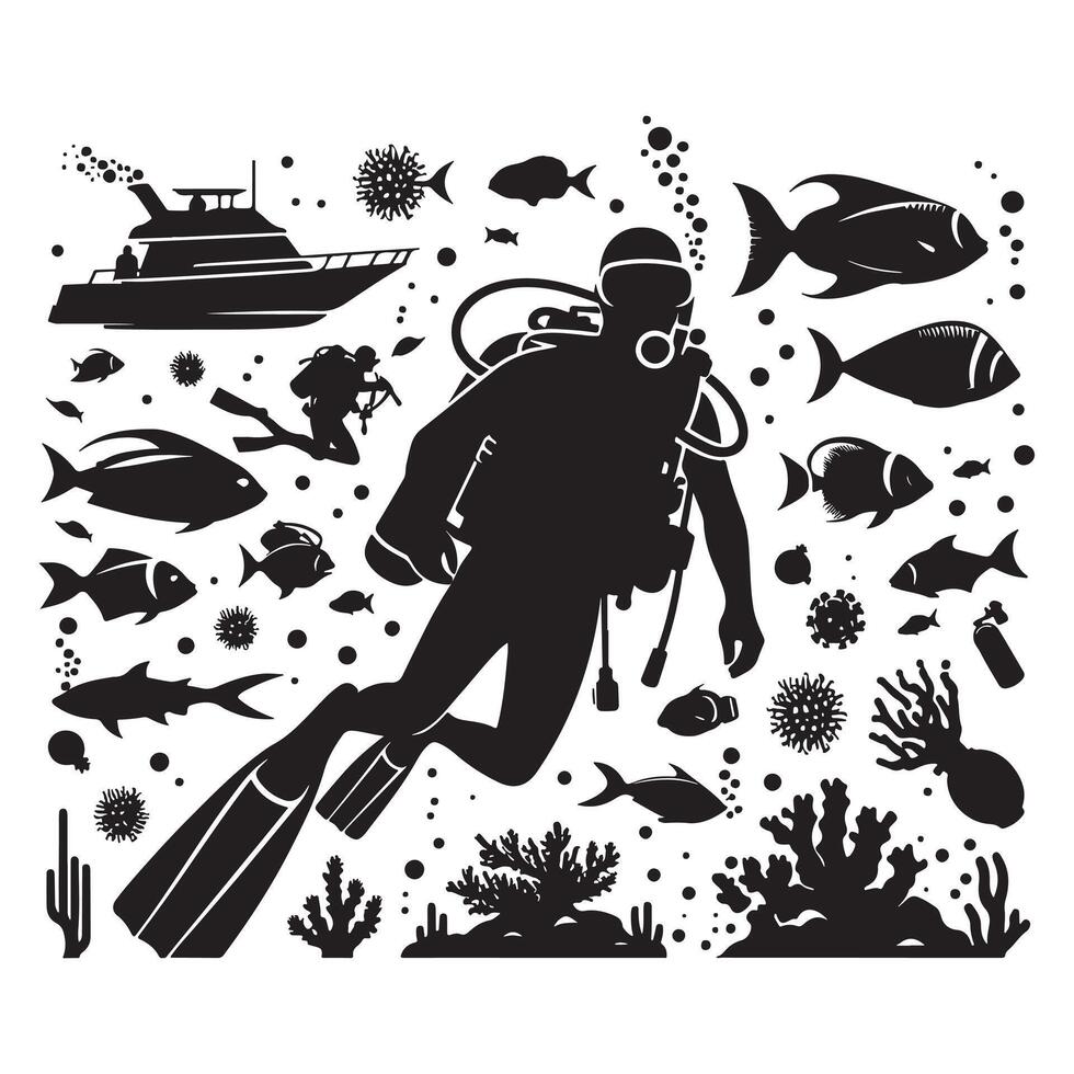 Scuba Diver with Flashlight Silhouette vector