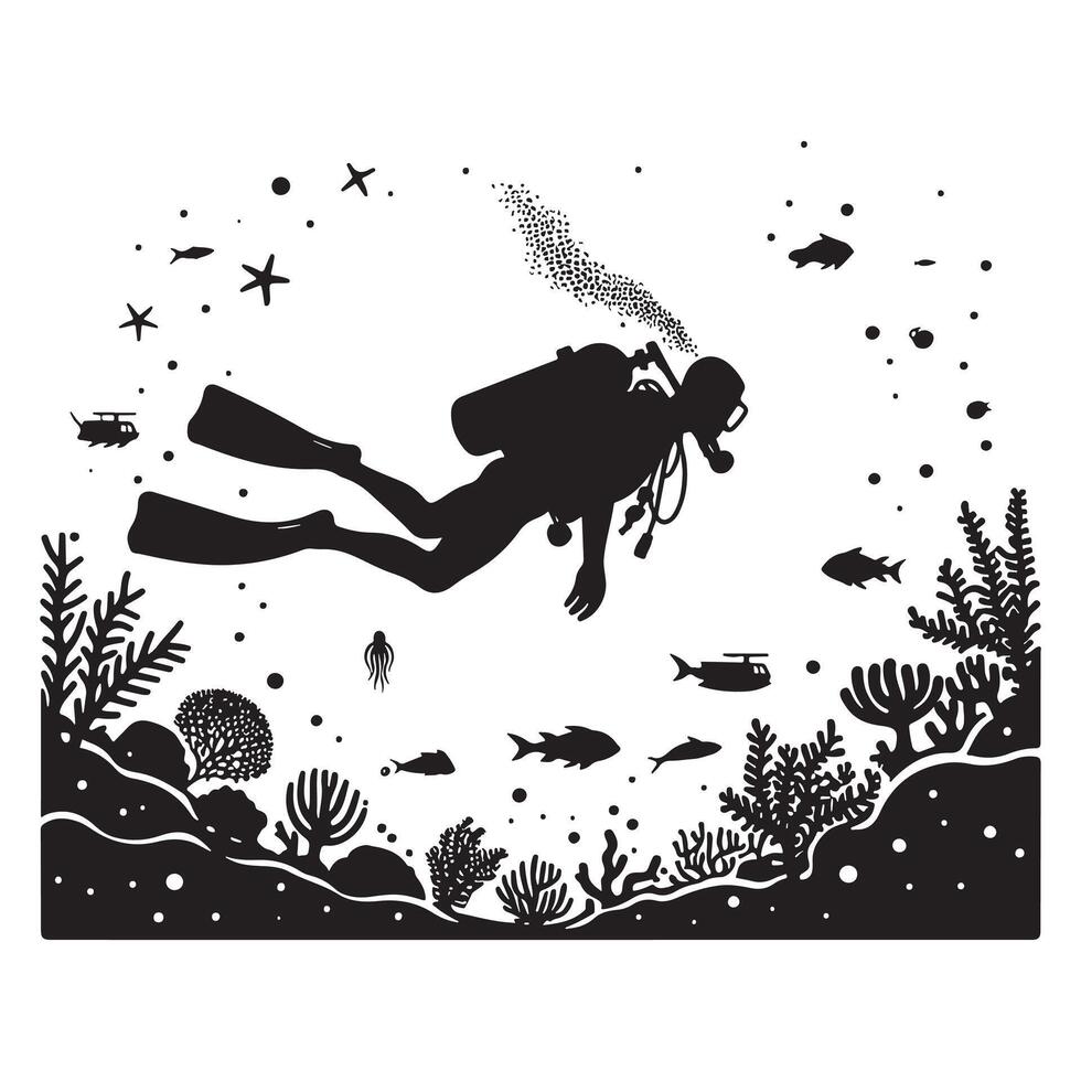 Scuba Diver Floating in Water Silhouette vector