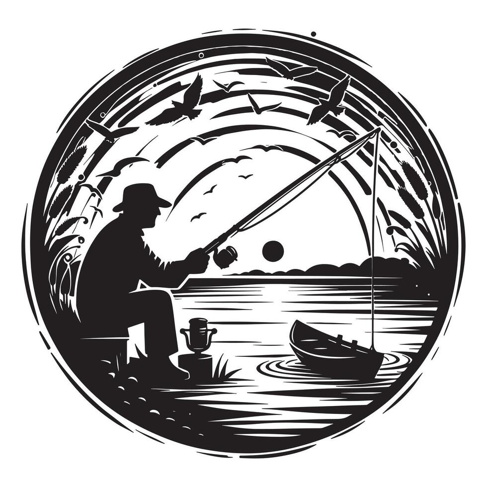 Fisherman on Boat Silhouette vector