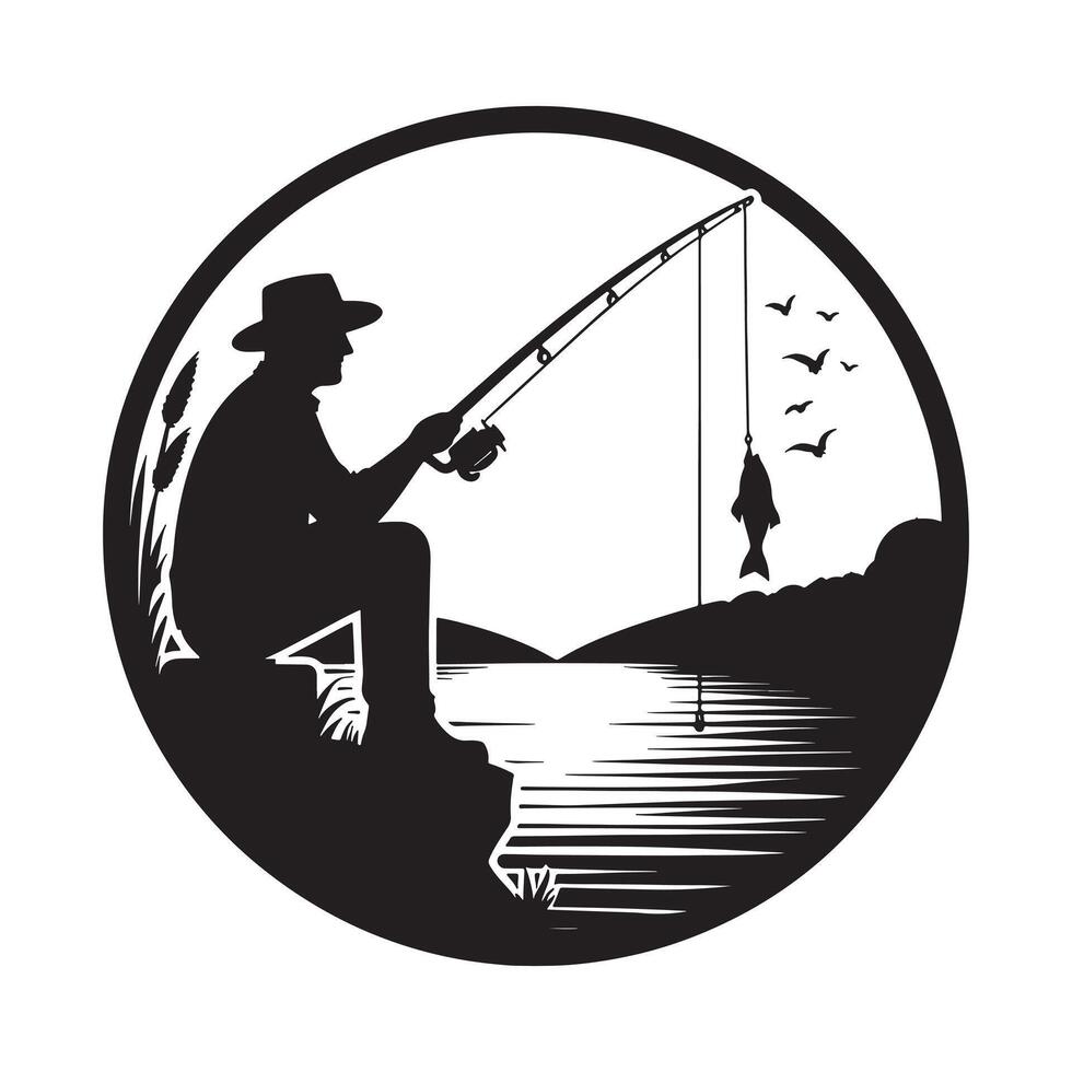 Fisherman Catching Big Fish Silhouette vector
