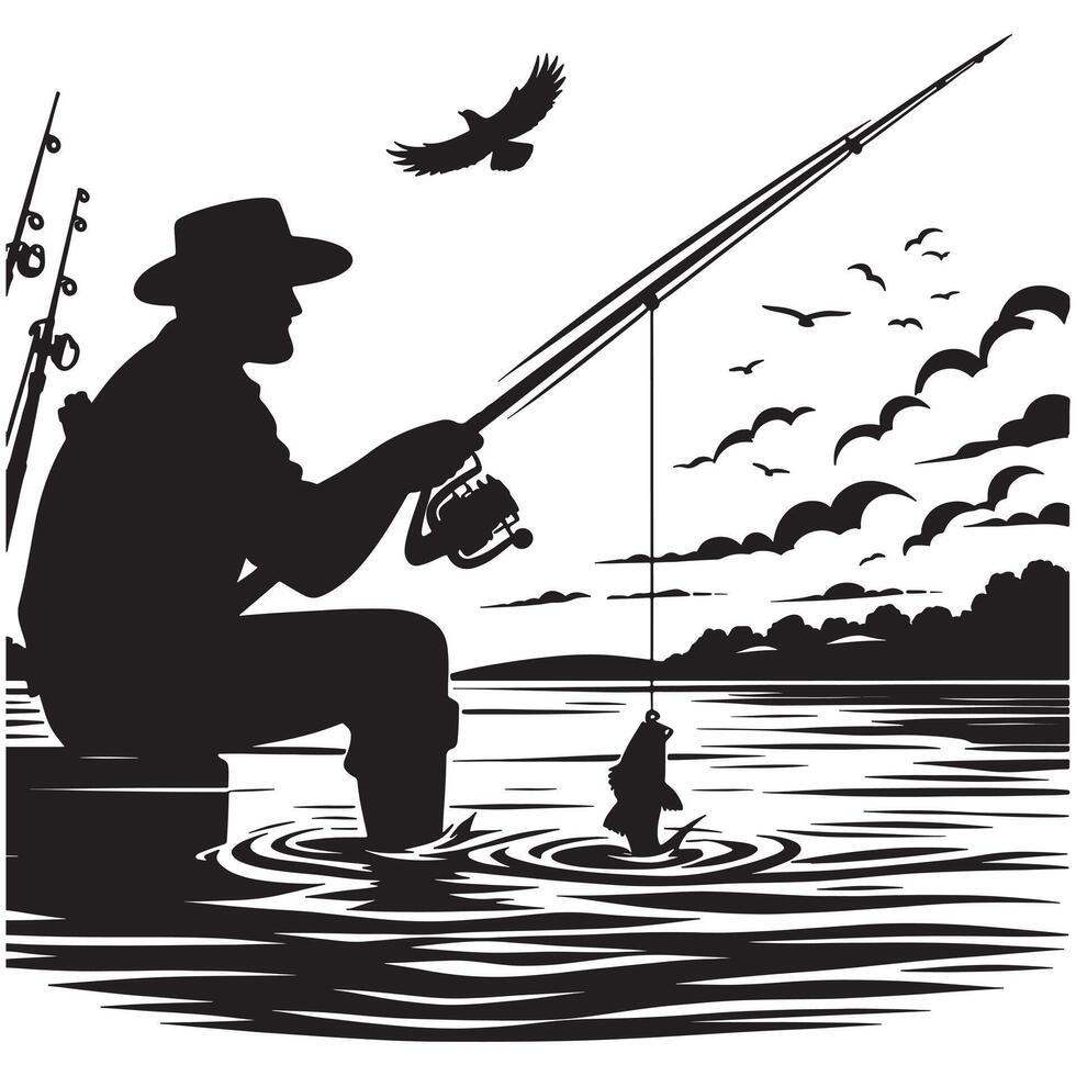 Fisherman Preparing Bait Silhouette vector