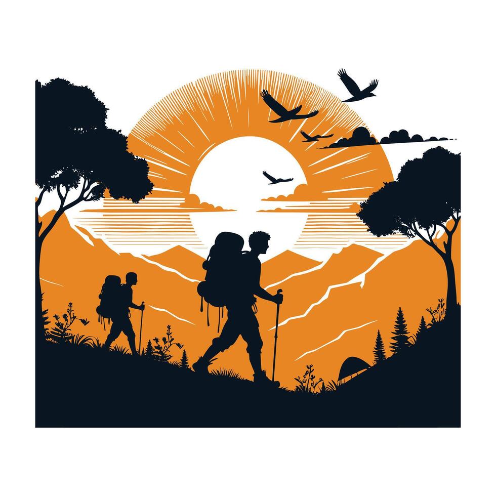 Hiker Standing on Mountain Peak Silhouette vector