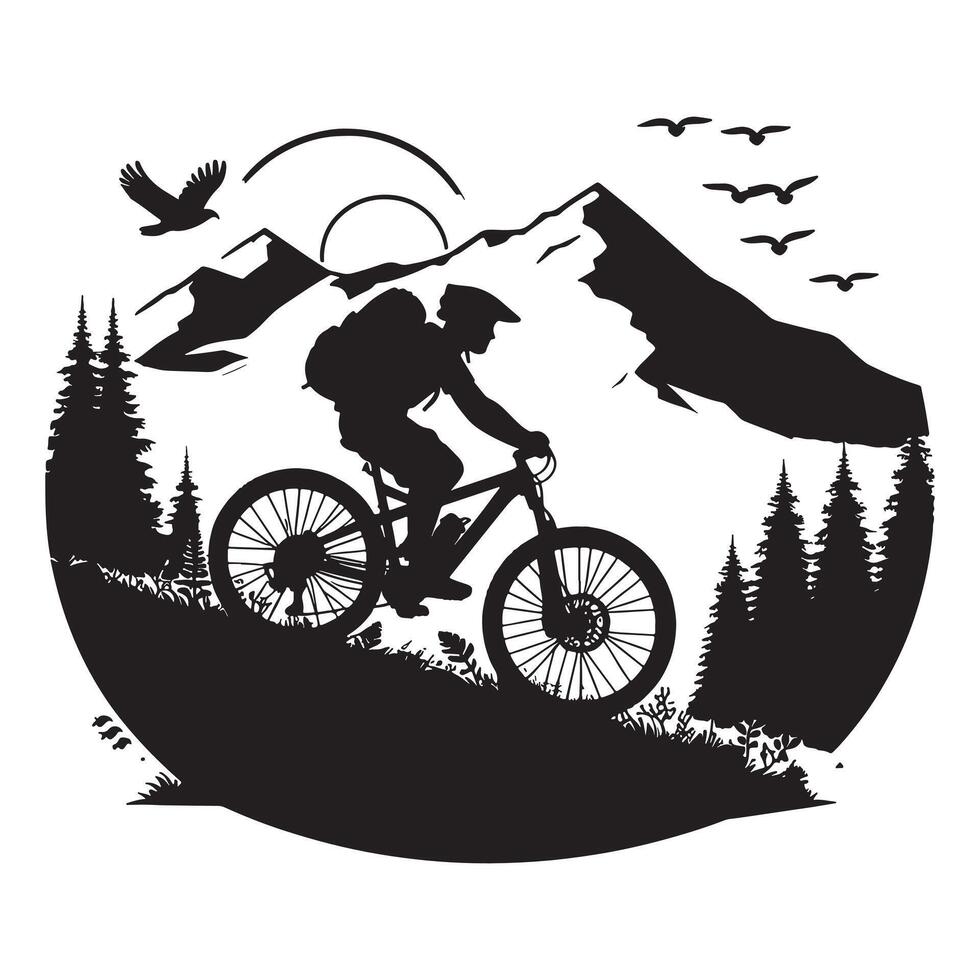 Black Silhouette of Mountain Biker Pedaling vector