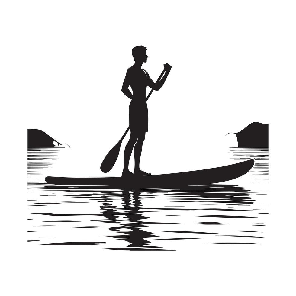 Silhouette of Paddle Boarder with Paddle in Motion vector
