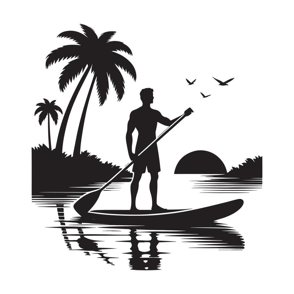 Paddle Boarding Silhouette on White Background vector