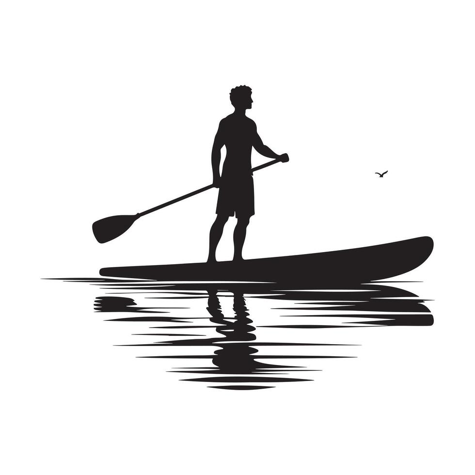 Black Silhouette of Paddle Boarder in Motion vector