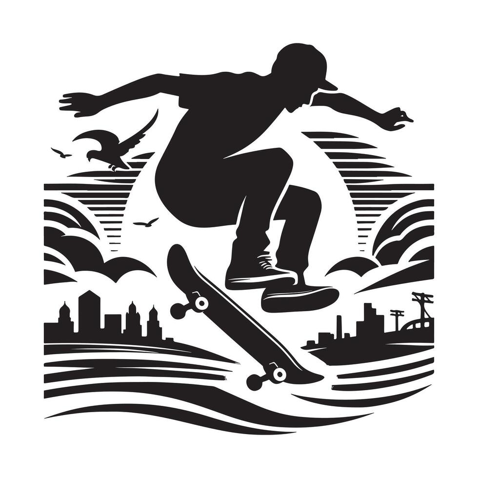 Skateboarder Performing a Trick in Silhouette vector