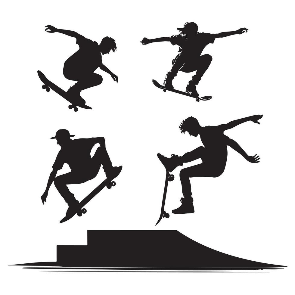 Black Silhouette of Skateboarder in Action vector