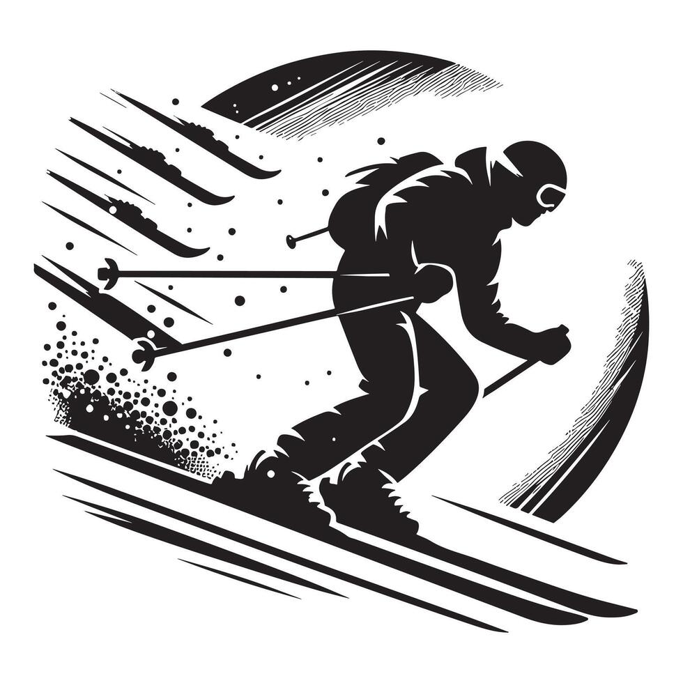 Skiing Silhouette Mid-Action on White Background vector