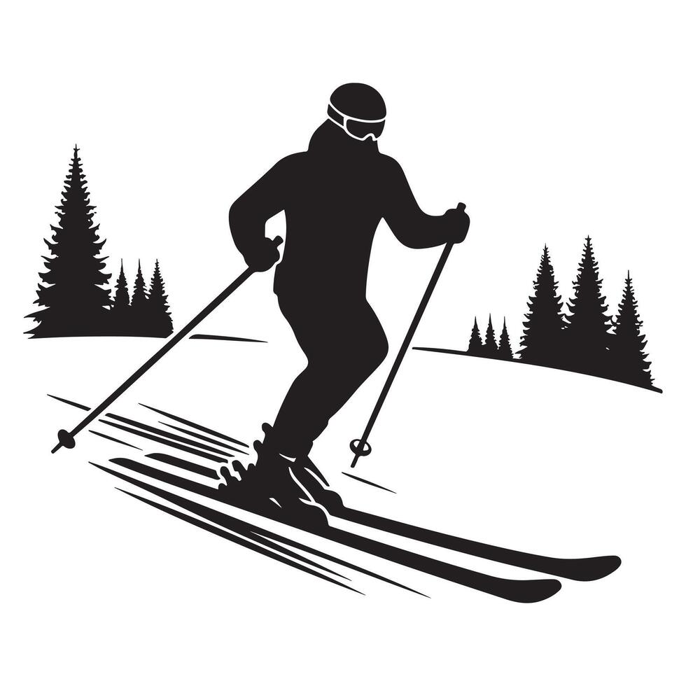 Black Silhouette of Skiing Action on White Background vector