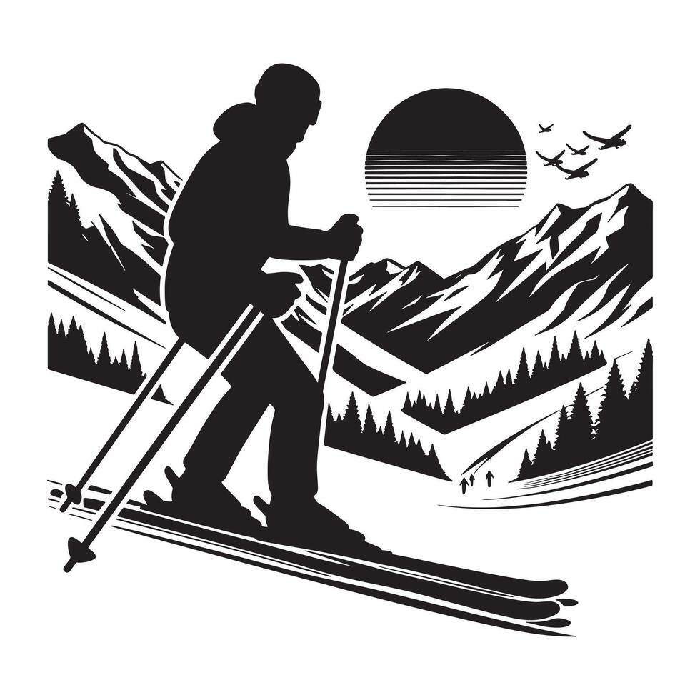 Action Skiing Silhouette on White Background vector