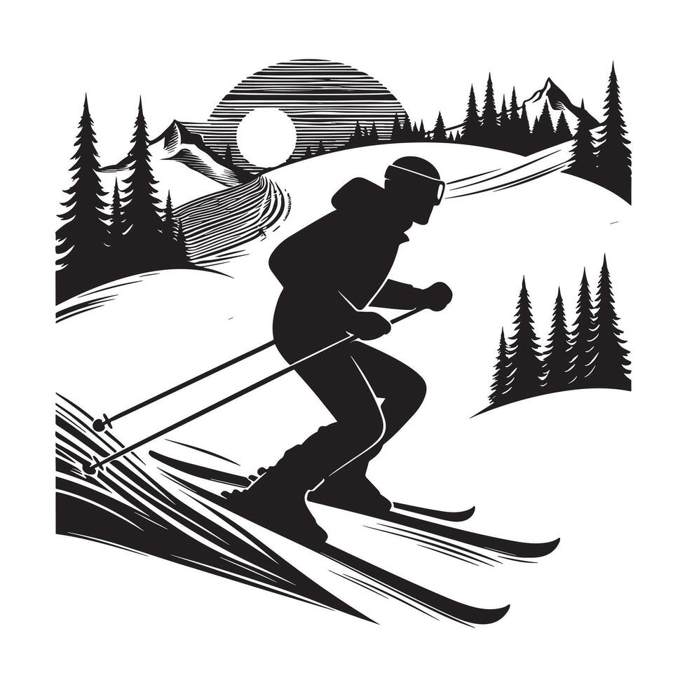 Silhouette of Skier in Action on White Background vector