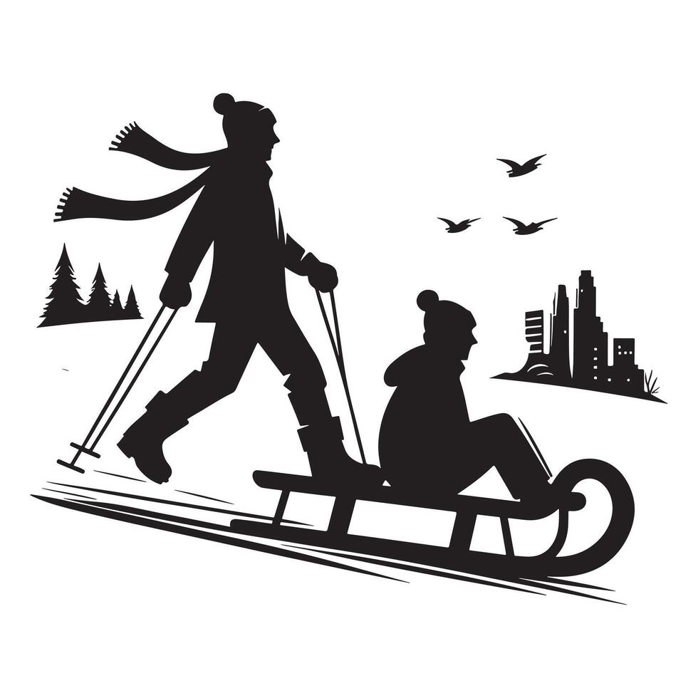 Sledding Downhill Silhouette on White Background vector