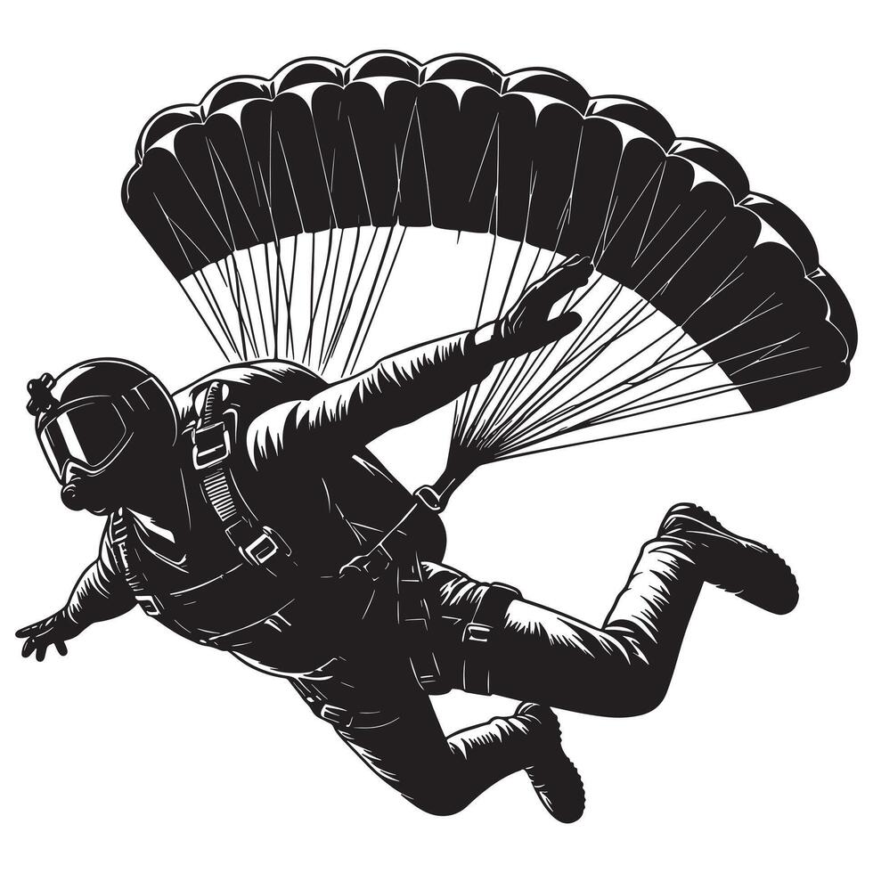 Black Silhouette of Skydiver in Freefall on White Background vector