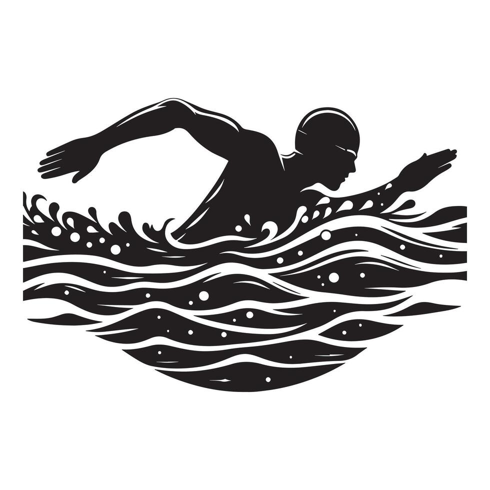 Swimmer in Action Silhouette on White Background vector