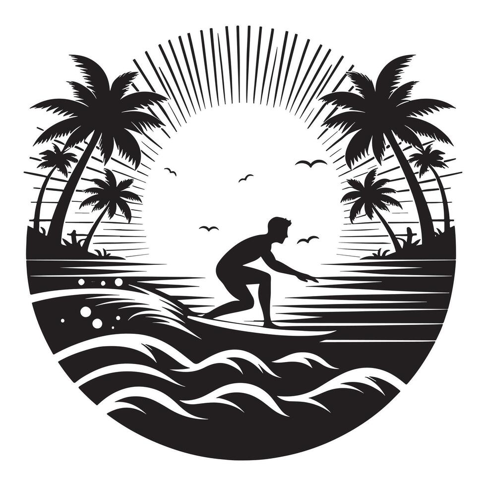 Silhouette of Surfer Riding a Wave on White Background vector