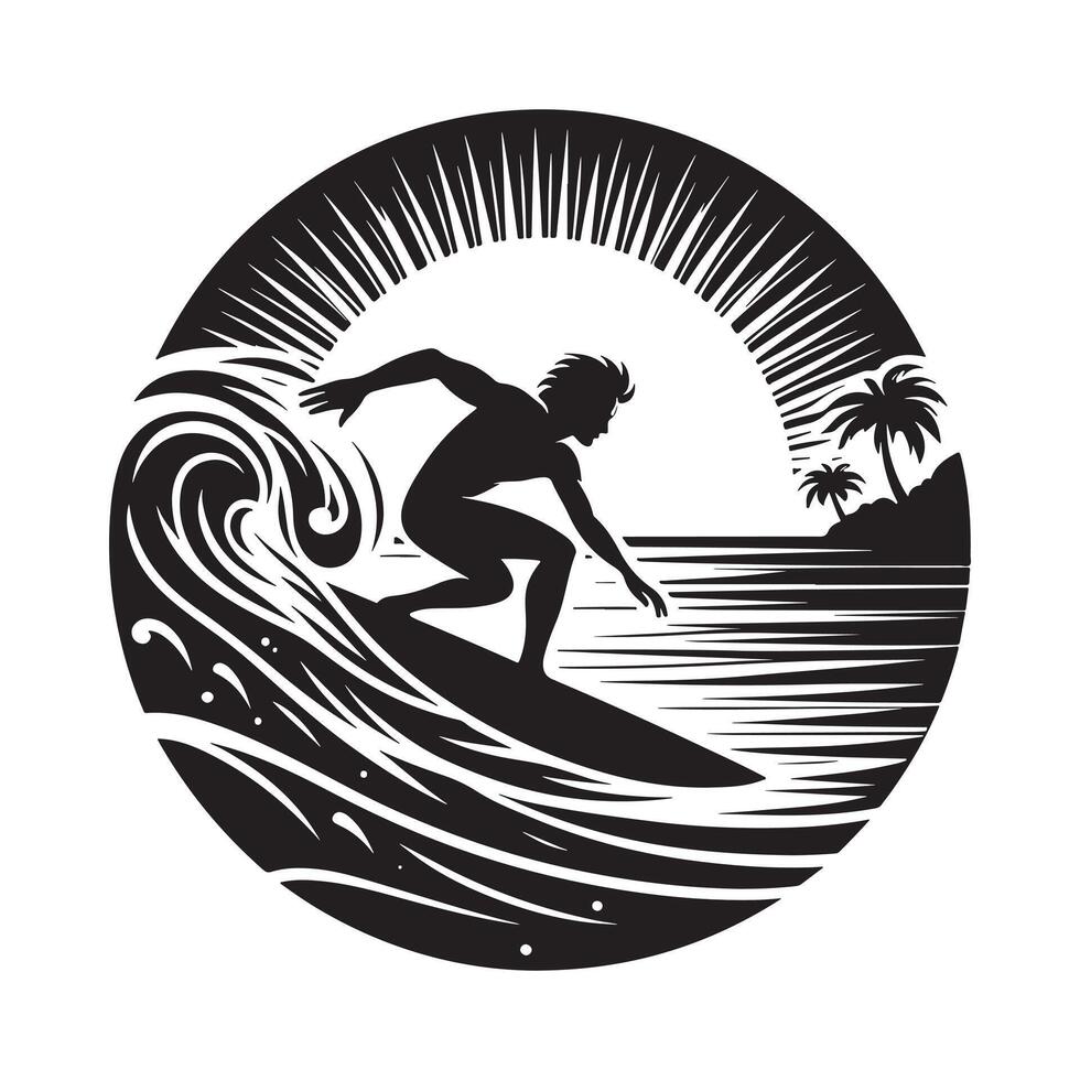 Surfer Silhouette on Wave on White Background vector
