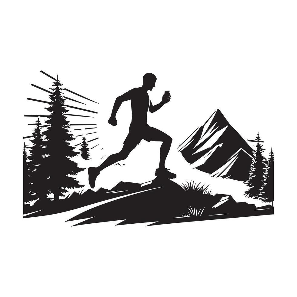 Black Silhouette of Trail Runner on Outdoor Path on White Background vector