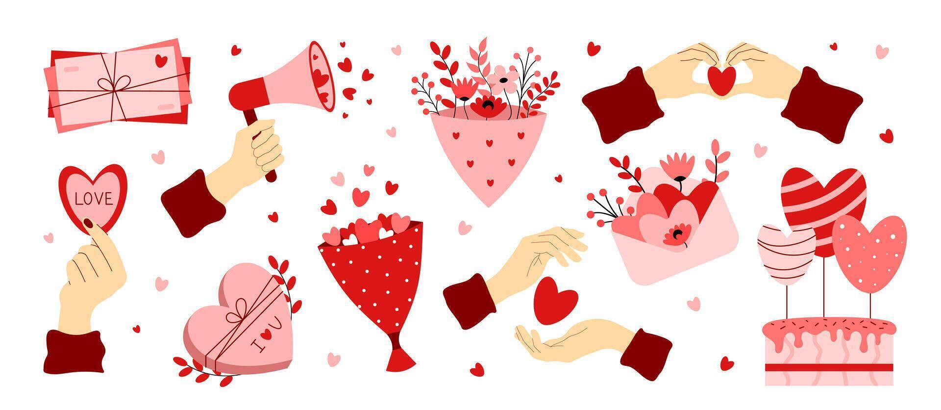 Valentine's Day set of elements. Love and romance concept. Envelope, bouquet, hands with heart, box of sweets, cake, megaphone. For greeting cards, invitations, design, poster. illustration vector